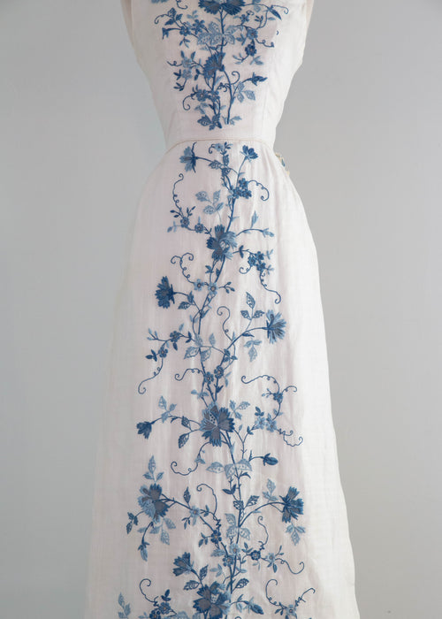 Exquisite Early 1960's Blue Canton Hand Embroidered Linen Formal Gown / SM