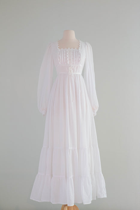 Ethereal  1970's Gunne Sax Cotton Voile Wedding Dress With Corset Waist and Bishop Sleeves / Small