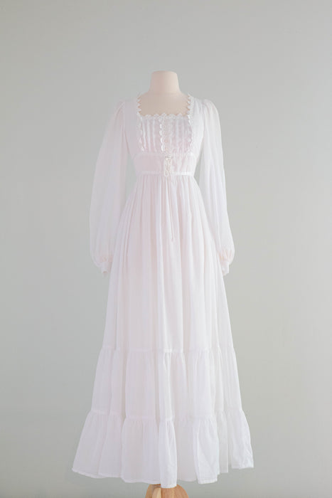 Ethereal  1970's Gunne Sax Cotton Voile Wedding Dress With Corset Waist and Bishop Sleeves / Small