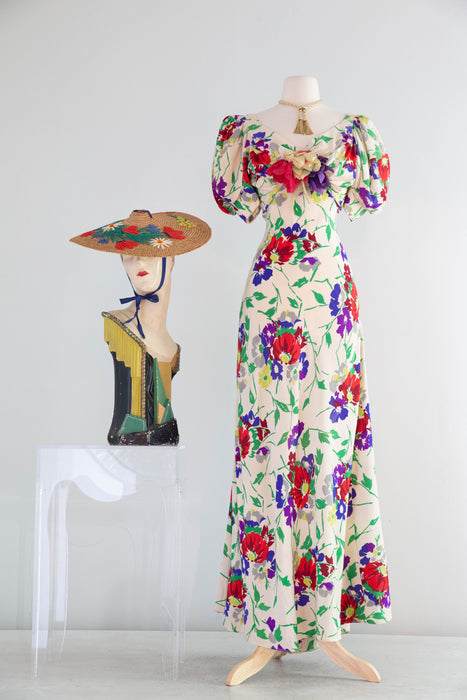 Gorgeous 1930's Floral Print Silk Bias Cut Garden Party Gown / SM