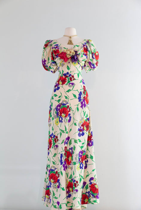 Gorgeous 1930's Floral Print Silk Bias Cut Garden Party Gown / SM