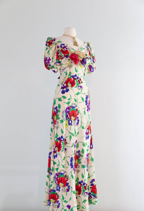 Gorgeous 1930's Floral Print Silk Bias Cut Garden Party Gown / SM