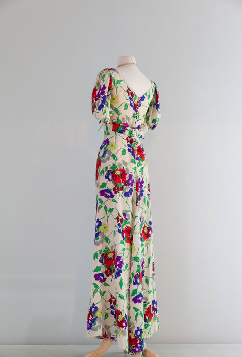 Gorgeous 1930's Floral Print Silk Bias Cut Garden Party Gown / SM