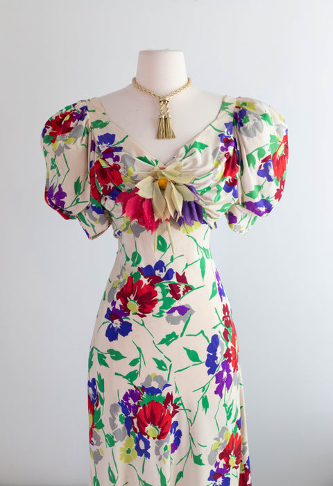Gorgeous 1930's Floral Print Silk Bias Cut Garden Party Gown / SM