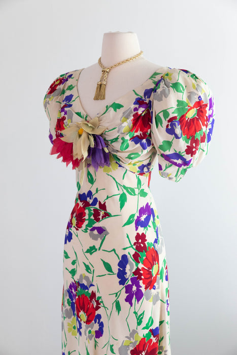 Gorgeous 1930's Floral Print Silk Bias Cut Garden Party Gown / SM