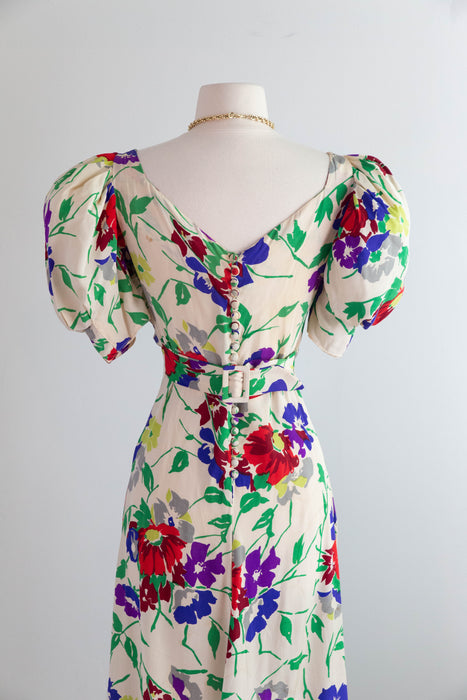 Gorgeous 1930's Floral Print Silk Bias Cut Garden Party Gown / SM