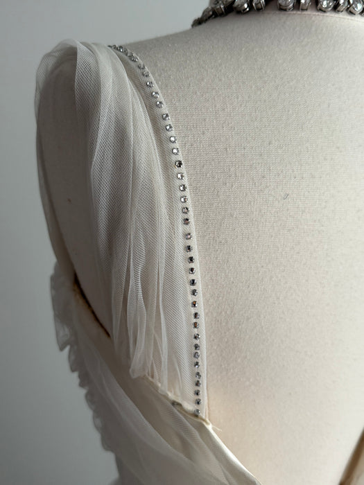 Exquisite 1950's Ivory Formal Wedding Dress With Embellished Bodice / XS