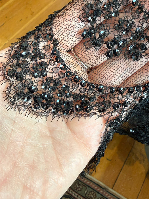 Elegant 1920's Chanel Inspired Black Lace Flapper Dress With Sequins / SM