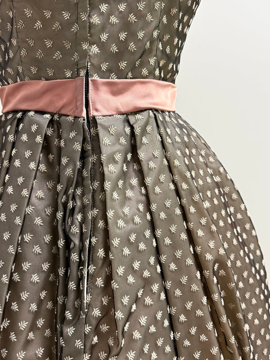 Stunning Early 1960's Sheer Leaf Print Organza Party Dress With Bow / S