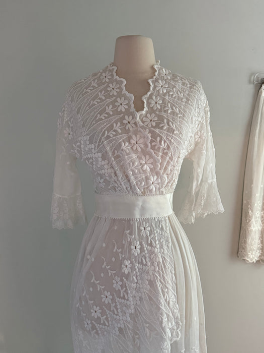 Ethereal Edwardian Embroidered Cotton Wedding Dress Three Piece Set / XS