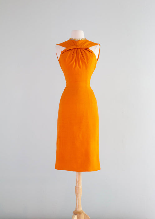 orange wiggle dress 1950's TANG Silk Wiggle Dress By Designer Estevez / Small Xtabay Vintage