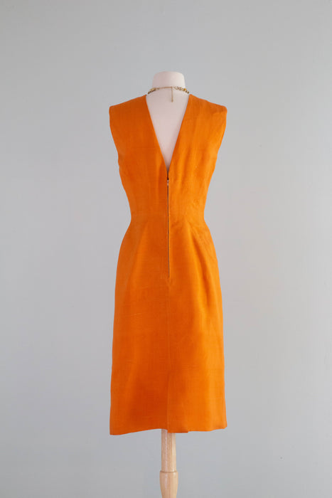 orange wiggle dress Vintage 50s 60s Wiggle Secretary Cocktail Dress by Ann Barry With Belt in Orange Plisse