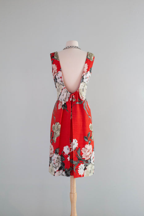 Elegant 1960's Red Silk Rose Print Dress With Daring Low Back / Medium