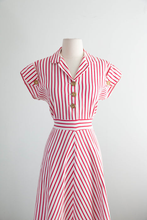 Iconic 1940's Nautical Striped Cotton Pique Summer Day Dress / ML
