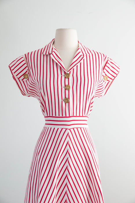 Iconic 1940's Nautical Striped Cotton Pique Summer Day Dress / ML