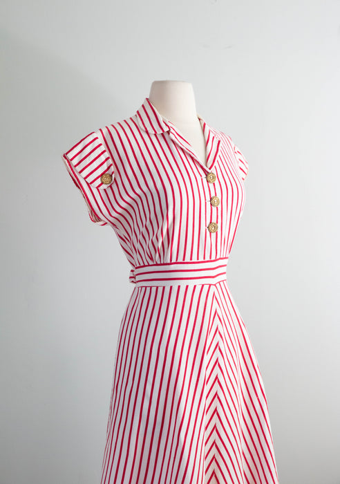 Iconic 1940's Nautical Striped Cotton Pique Summer Day Dress / ML