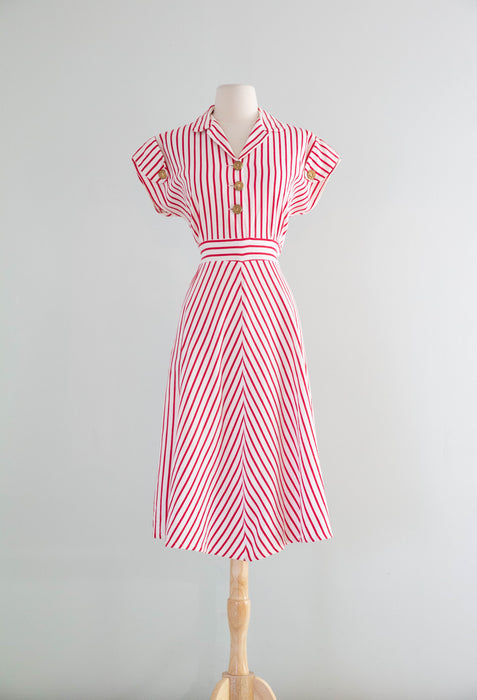 Iconic 1940's Nautical Striped Cotton Pique Summer Day Dress / ML