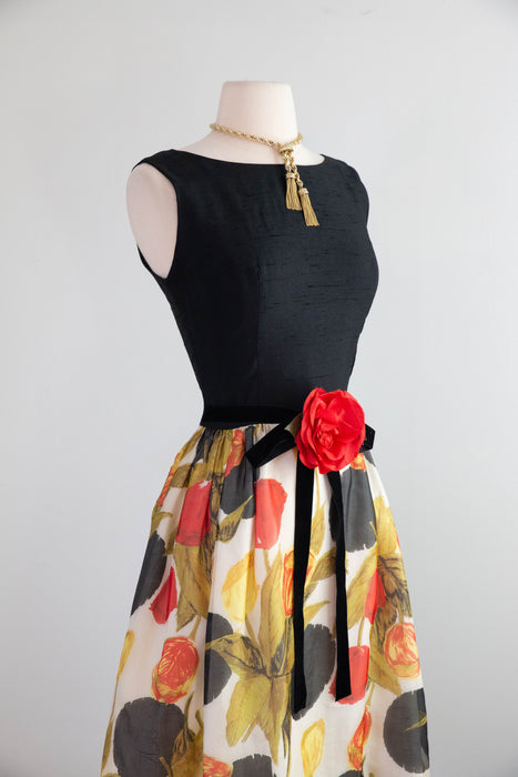Sophisticated Early 1960's Abstract Silk Rose Print Cocktail Dress / Medium