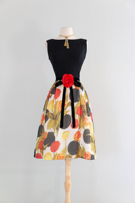 Sophisticated Early 1960's Abstract Silk Rose Print Cocktail Dress / Medium