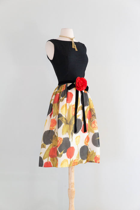 Sophisticated Early 1960's Abstract Silk Rose Print Cocktail Dress / Medium