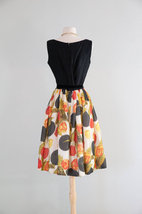 Sophisticated Early 1960's Abstract Silk Rose Print Cocktail Dress / Medium