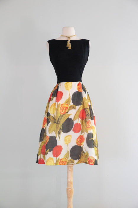 Sophisticated Early 1960's Abstract Silk Rose Print Cocktail Dress / Medium