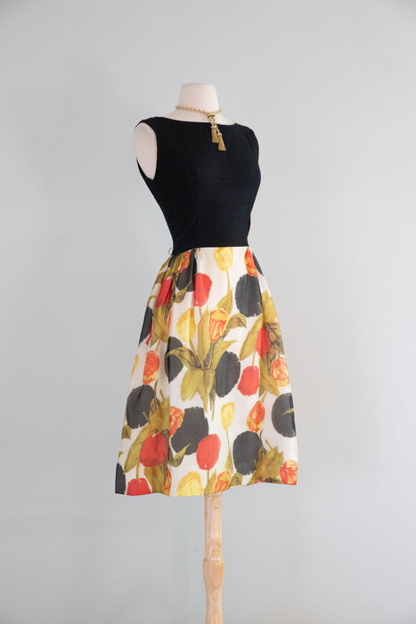 Sophisticated Early 1960's Abstract Silk Rose Print Cocktail Dress / Medium