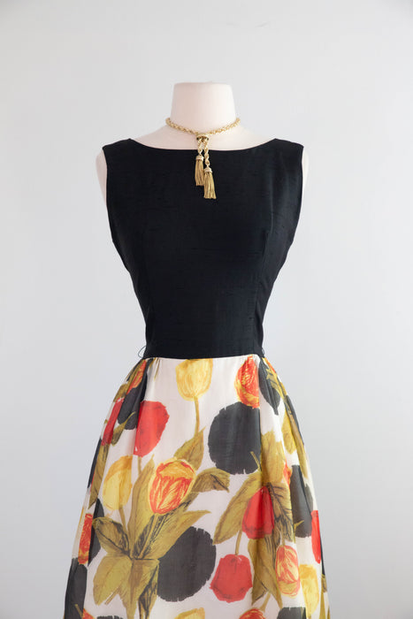 Sophisticated Early 1960's Abstract Silk Rose Print Cocktail Dress / Medium