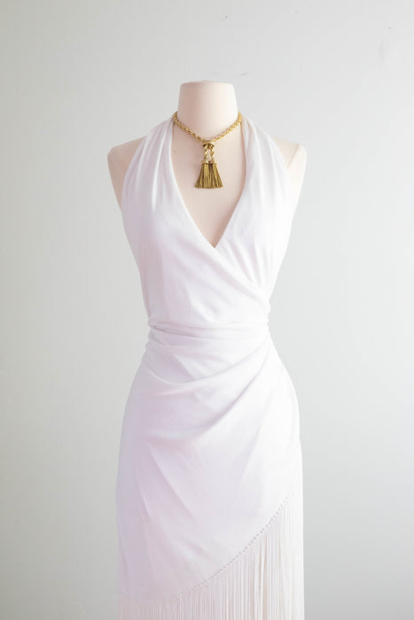 Fabulous 1970's White Fringed Halter Dress By Climax / Medium