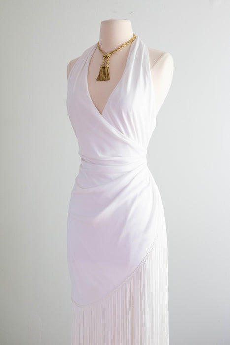 Fabulous 1970's White Fringed Halter Dress By Climax / Medium