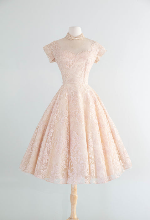 Exquisite 1950's Demi Couture Blush Shell Pink Chantilly Lace Party Dress / SM