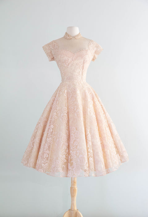 Exquisite 1950's Demi Couture Blush Shell Pink Chantilly Lace Party Dress / SM