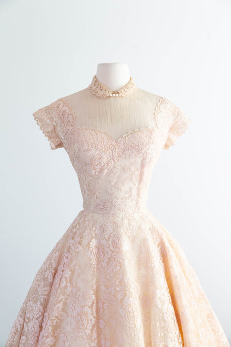 Exquisite 1950's Demi Couture Blush Shell Pink Chantilly Lace Party Dress / SM