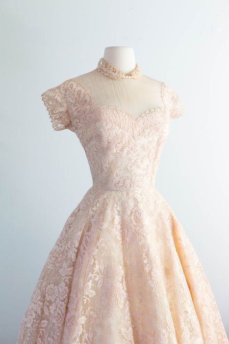 Exquisite 1950's Demi Couture Blush Shell Pink Chantilly Lace Party Dress / SM