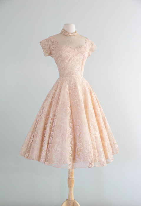 Exquisite 1950's Demi Couture Blush Shell Pink Chantilly Lace Party Dress / SM