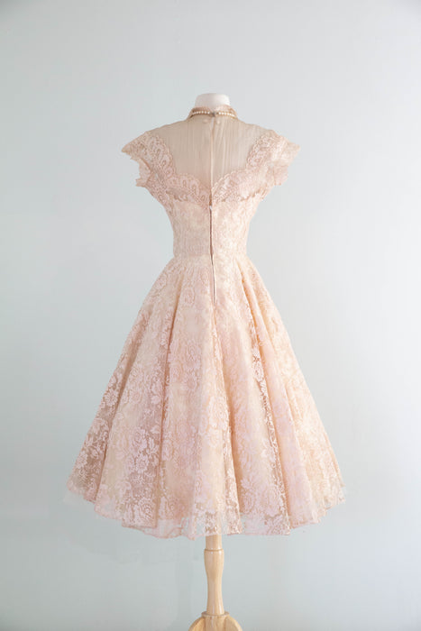 Exquisite 1950's Demi Couture Blush Shell Pink Chantilly Lace Party Dress / SM