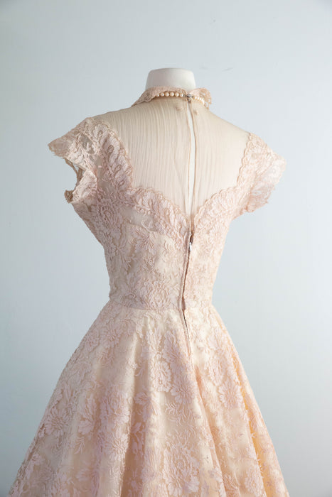 Exquisite 1950's Demi Couture Blush Shell Pink Chantilly Lace Party Dress / SM