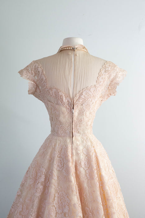 Exquisite 1950's Demi Couture Blush Shell Pink Chantilly Lace Party Dress / SM