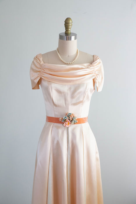 Gleaming 1940's Peaches & Cream Slipper Satin Formal Gown With Velvet Xtabay Vintage Gleaming 1940's Peaches & Cream Slipper Satin Formal Gown With Velvet Xtabay Vintage