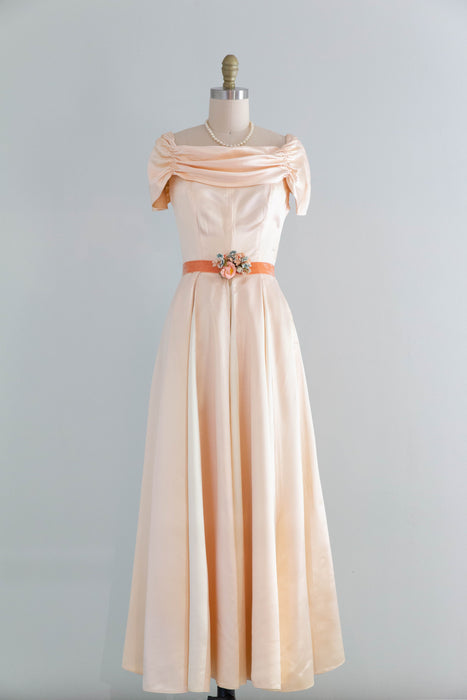 Gleaming 1940's Peaches & Cream Slipper Satin Formal Gown With Velvet Xtabay Vintage Gleaming 1940's Peaches & Cream Slipper Satin Formal Gown With Velvet Xtabay Vintage