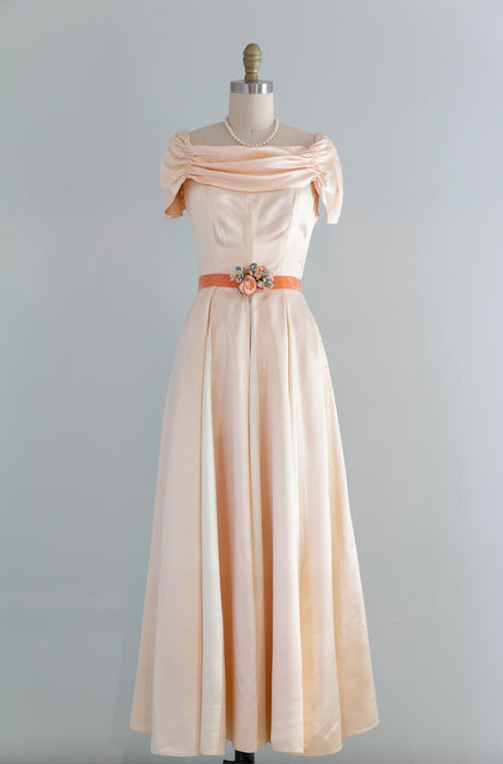Gleaming 1940's Peaches & Cream Slipper Satin Formal Gown With Velvet Xtabay Vintage Gleaming 1940's Peaches & Cream Slipper Satin Formal Gown With Velvet Xtabay Vintage
