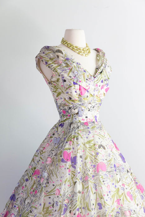 Ethereal 1950's Paper Silk Summer Floral Print Party Dress / Small