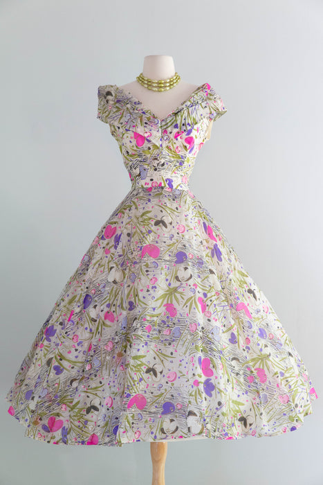 Ethereal 1950's Paper Silk Summer Floral Print Party Dress / Small