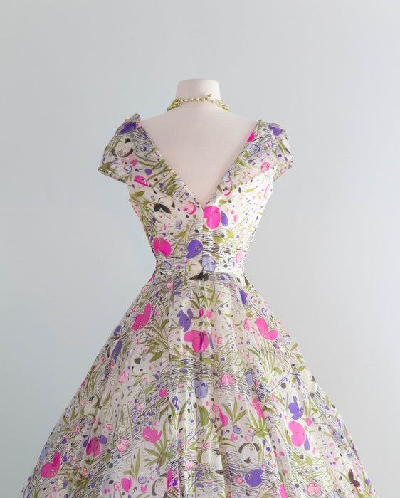 Ethereal 1950's Paper Silk Summer Floral Print Party Dress / Small