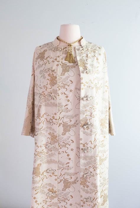 Elegant Early 1960's Raw Silk Japanese Shift Dress With Matching Coat / Medium