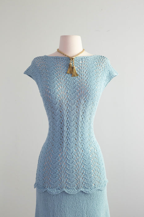 Dreamy 1930's Powder Blue Hand Knit Dress With Dropped Waist / ML