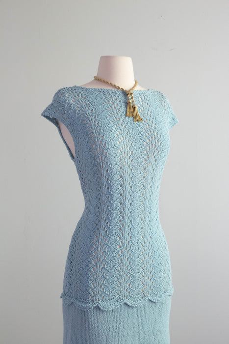 Dreamy 1930's Powder Blue Hand Knit Dress With Dropped Waist / ML