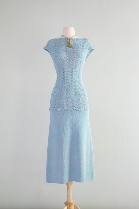 Dreamy 1930's Powder Blue Hand Knit Dress With Dropped Waist / ML