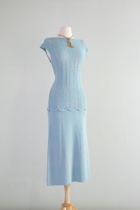 Dreamy 1930's Powder Blue Hand Knit Dress With Dropped Waist / ML