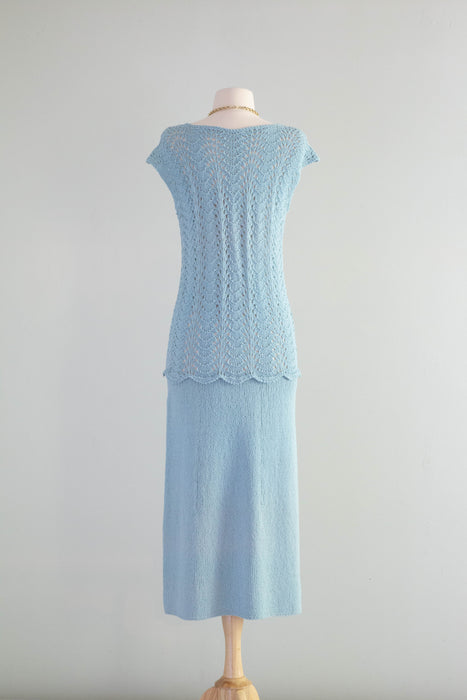 Dreamy 1930's Powder Blue Hand Knit Dress With Dropped Waist / ML